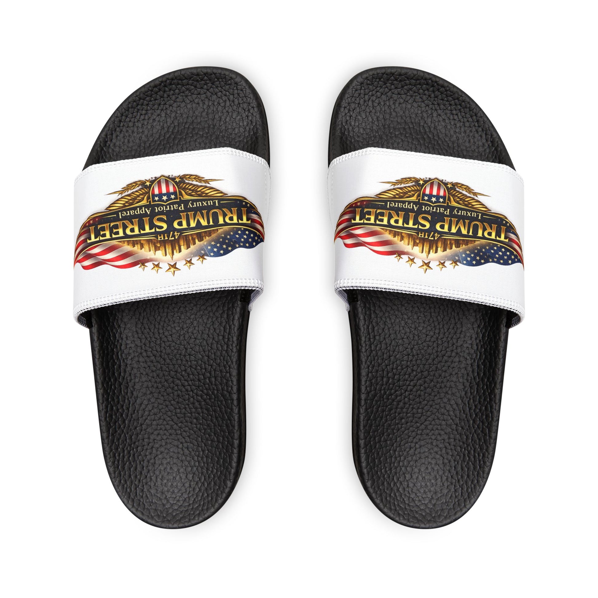 Black slides with a white strap featuring 'Trump Street' logo on a white background