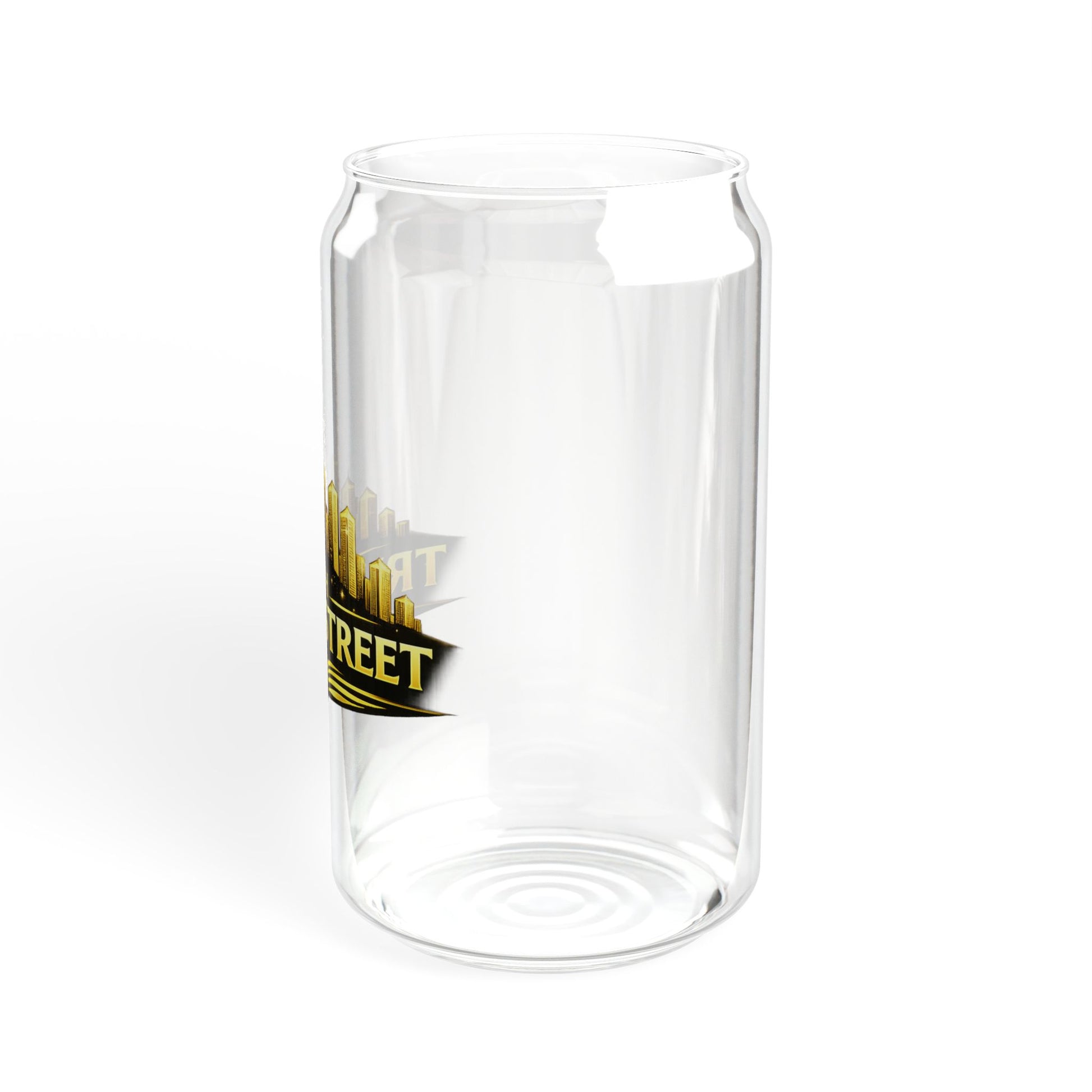 Clear glass vase with a logo on a white background