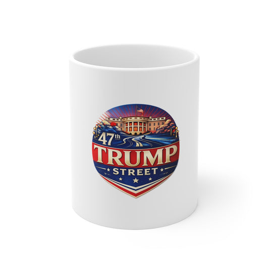 White mug with '47th Trump Street' design on a white background