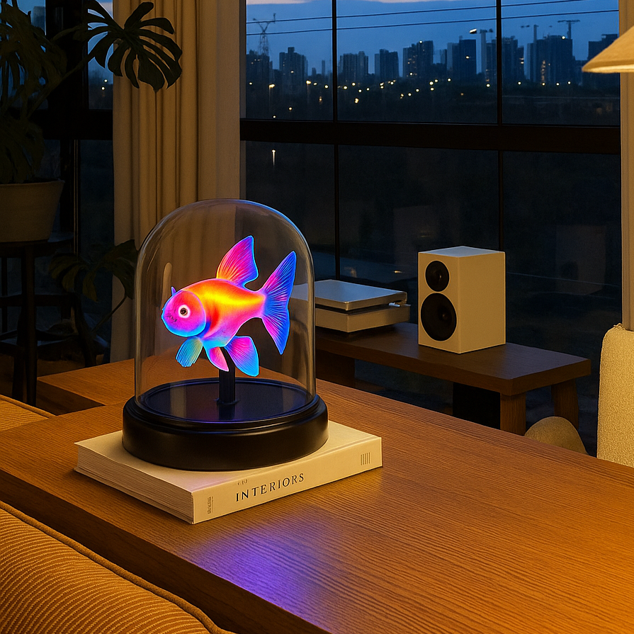 3D hologram LED projector lamp displaying colorful floating fish