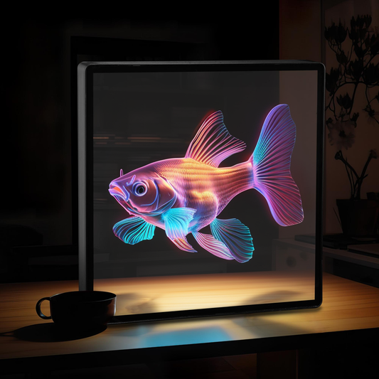 Futuristic fish design on a digital display screen with a dark background