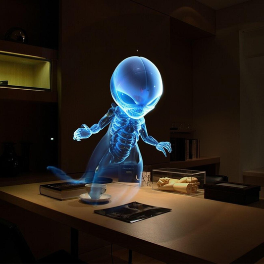 Glowing blue alien figure on a desk in a dimly lit room