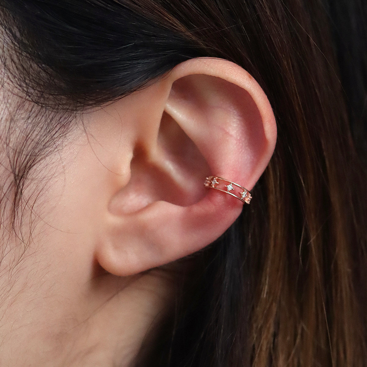 Celestial double band ear cuff with cubic zirconia in gold plated finish