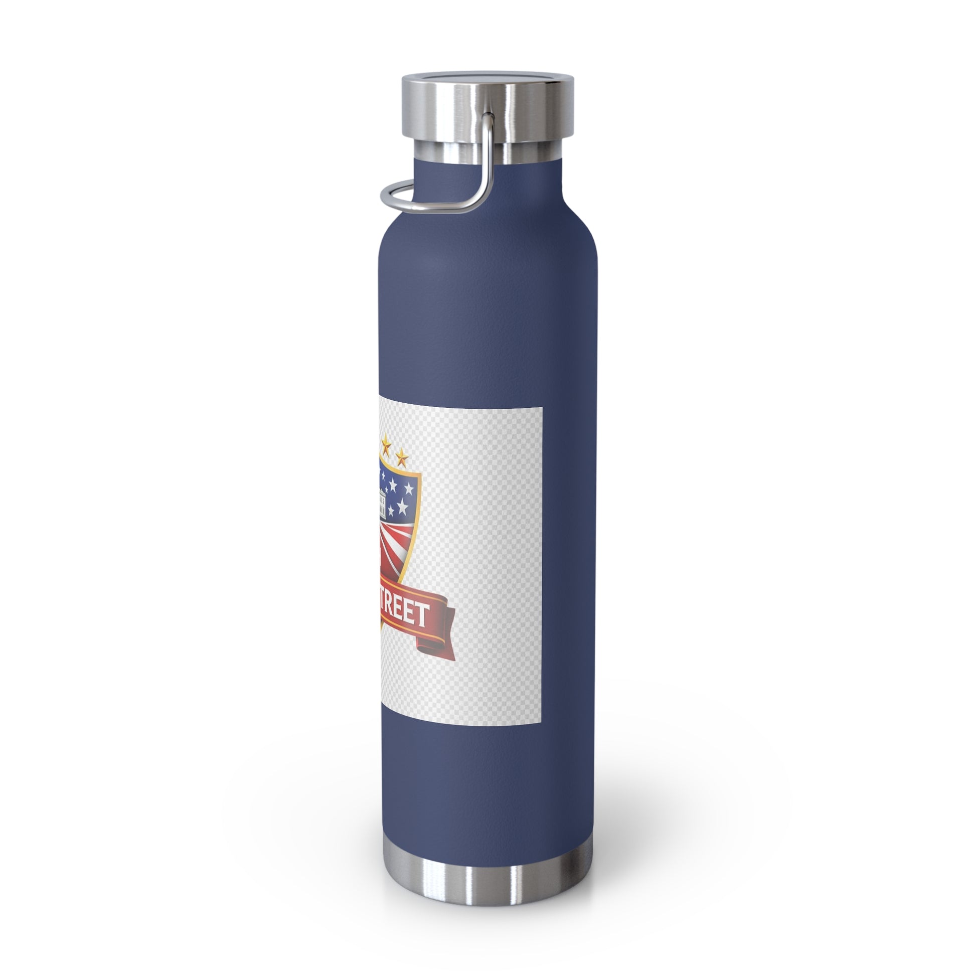 Navy blue water bottle with a white label featuring text and graphics on a white background