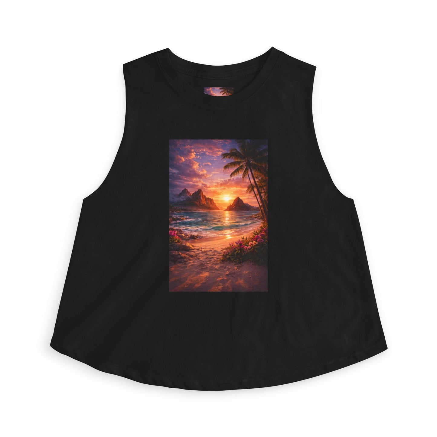Black sleeveless shirt with a tropical sunset design on a white background