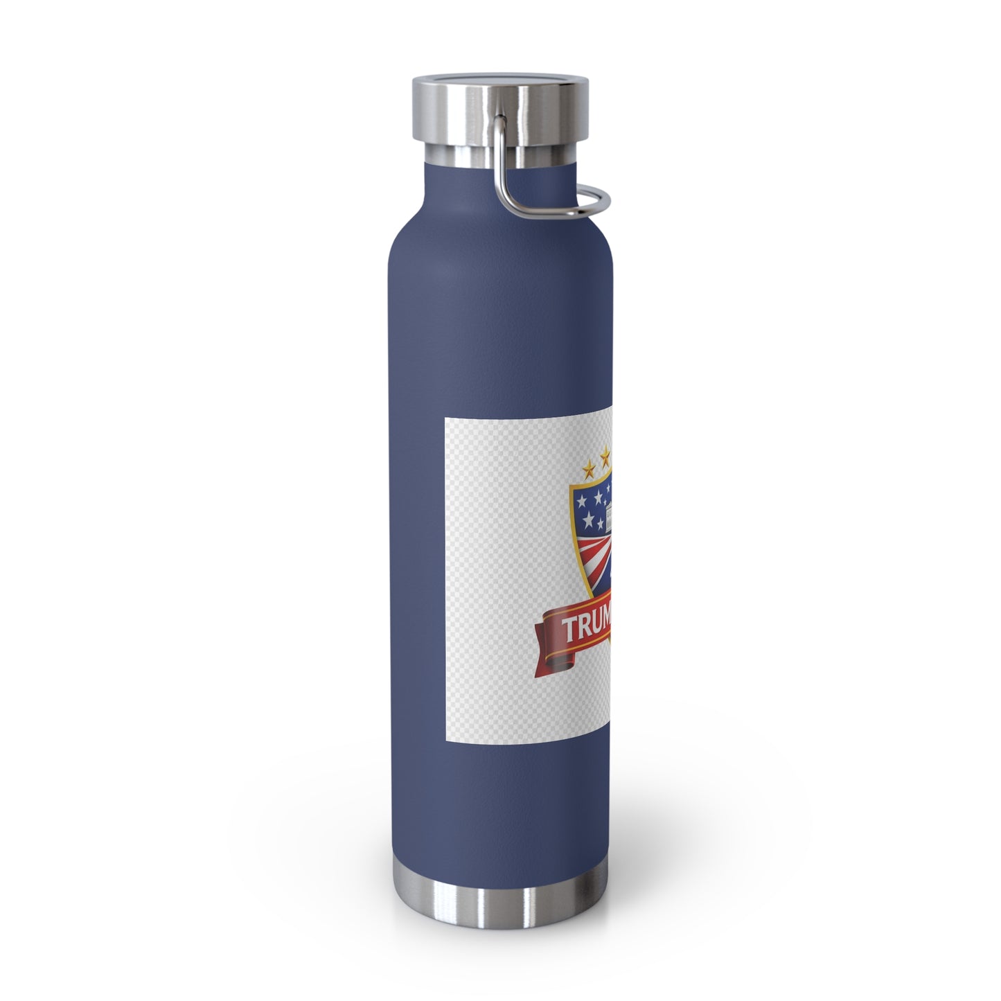 Blue water bottle with a white label featuring a logo and text on a white background