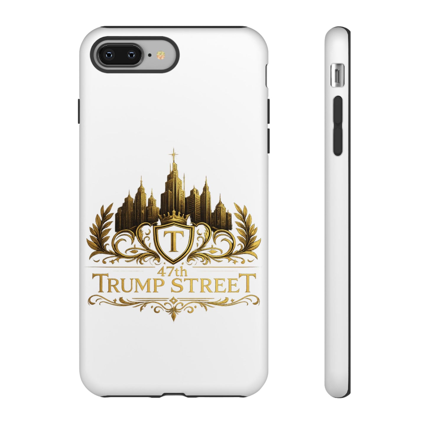 Phone case with gold cityscape design and 'Trump Street' text on a white background