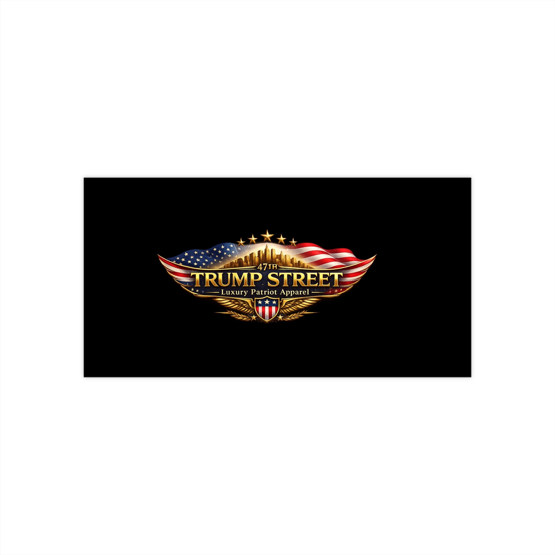 Logo of 47th Trump Street with American flag design on a black background