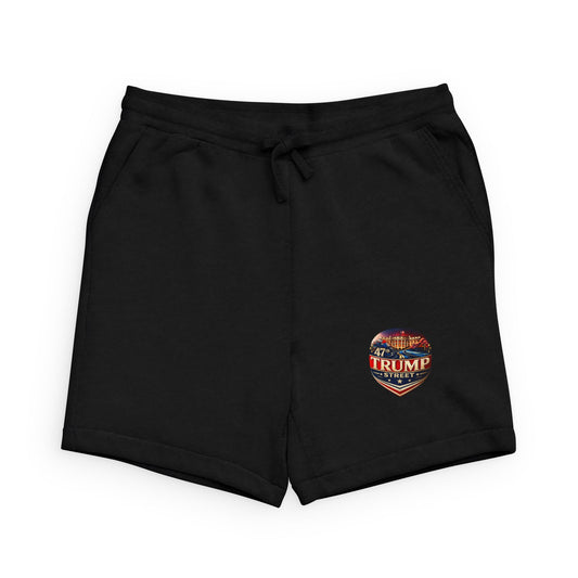 Black shorts with 47th Trump Street Patriotic logo on a black  background