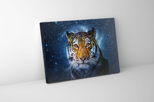 Celestial tiger canvas wall art with cosmic blue background in 48x36 format