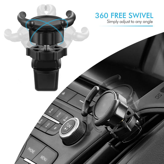 Car phone mount with 360-degree swivel feature on a car dashboard.