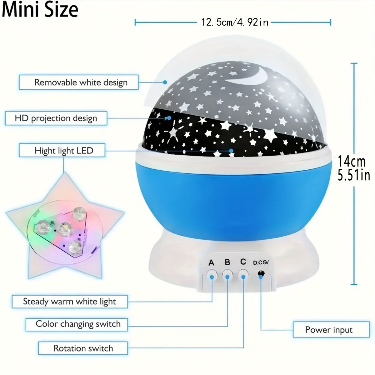 Blue rotating starry sky projection night light with colorful galaxy LED patterns