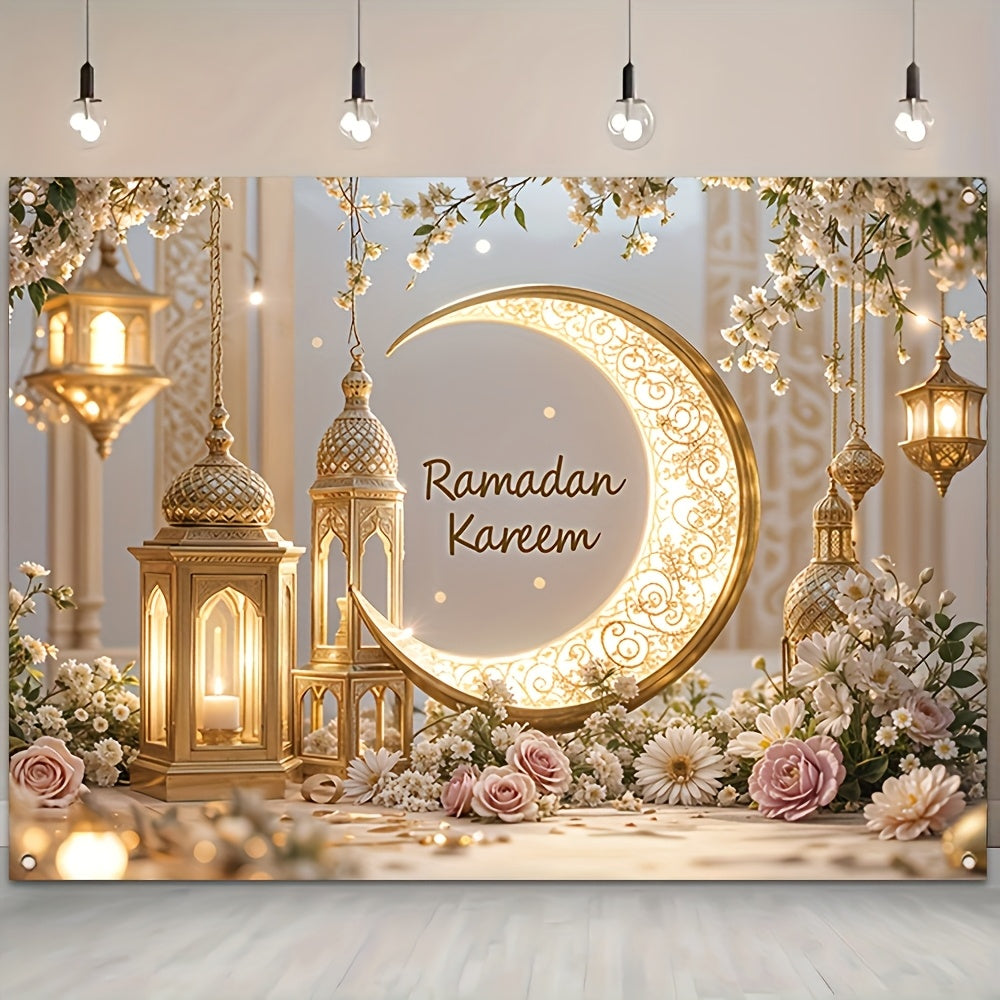 Crescent moon wall tapestry with lantern design, elegant celestial decor for bedroom or living space