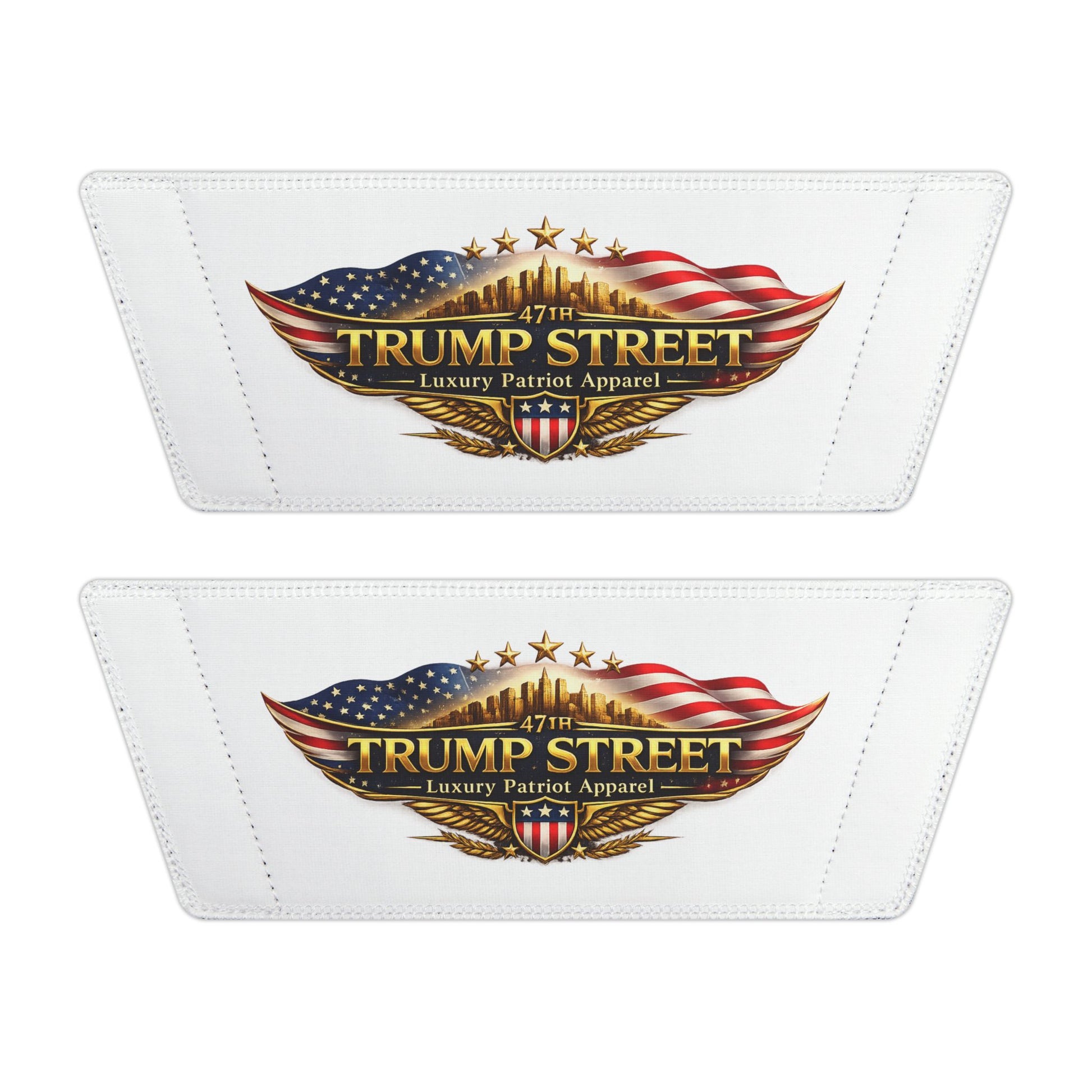Two white pouches with 'Trump Street' logo featuring American flag design on a white background