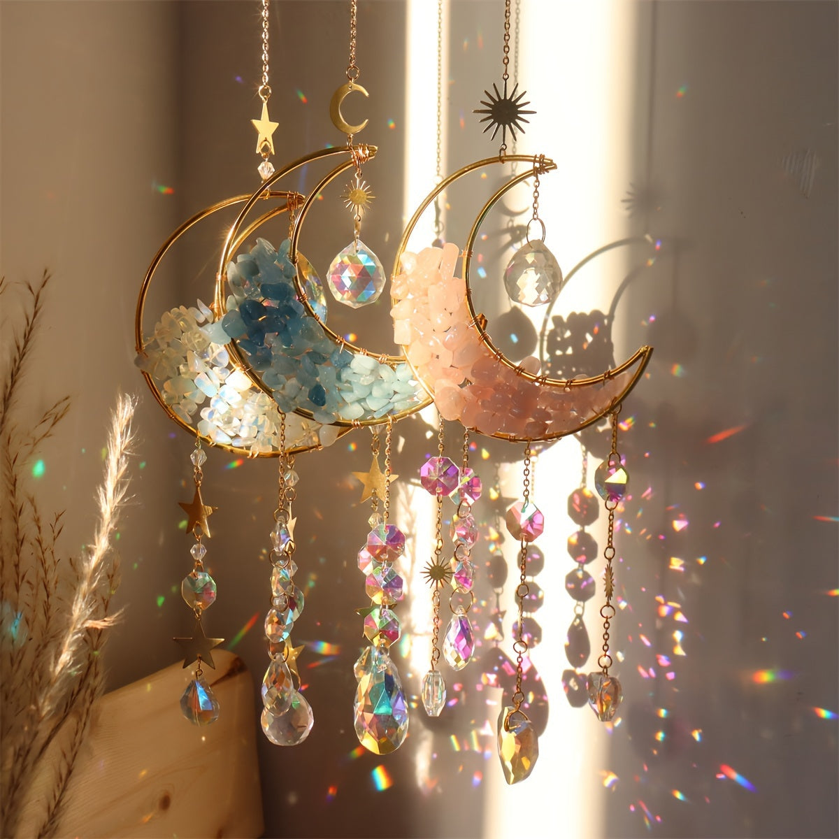 amethyst crystal hanging decor with moon design and tassels