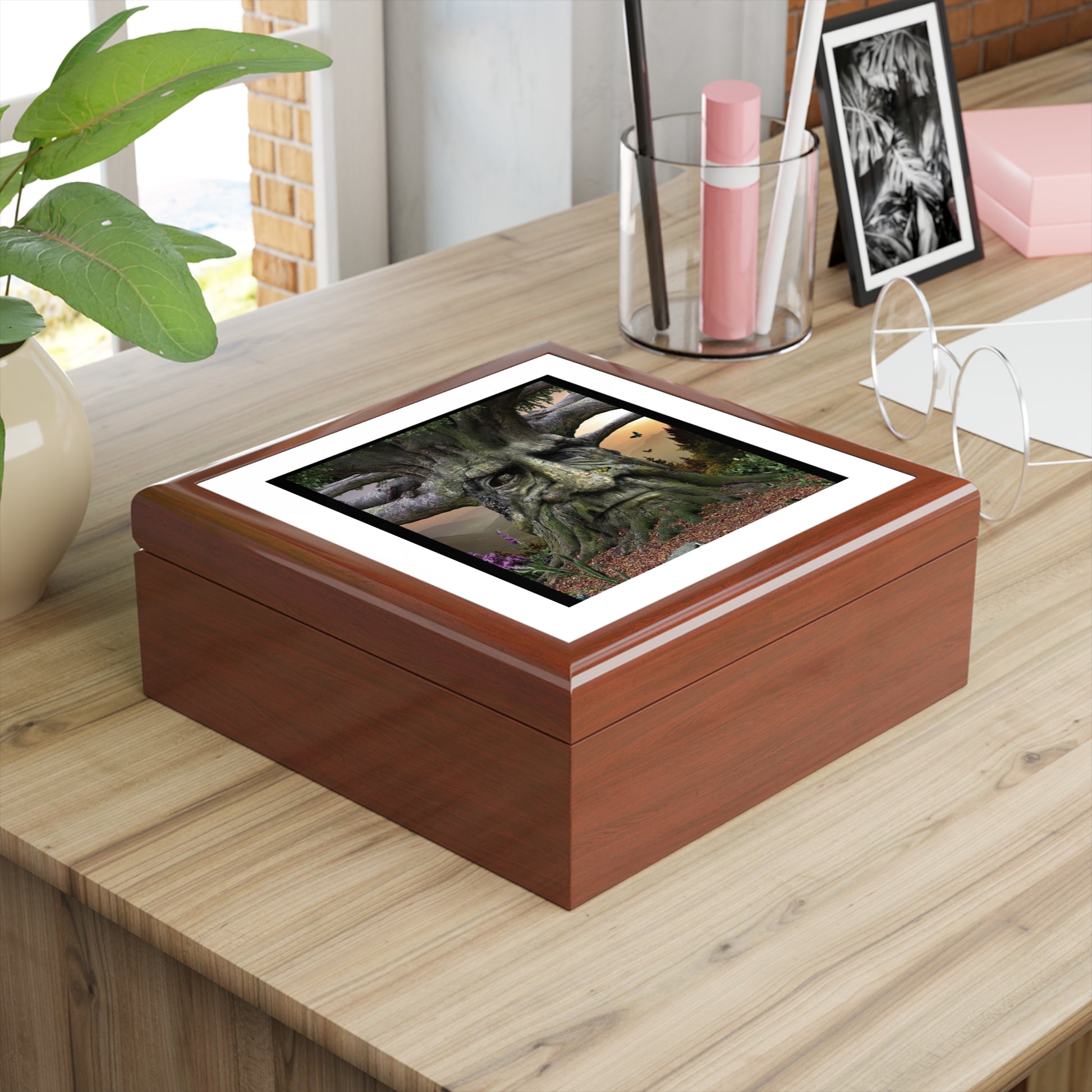 Wooden box with a digital display on a wooden surface