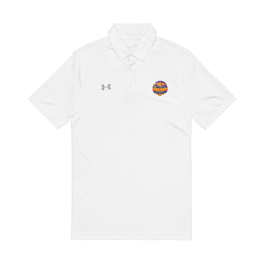 White polo shirt with a 47th Trump Street colorful logo on a white background