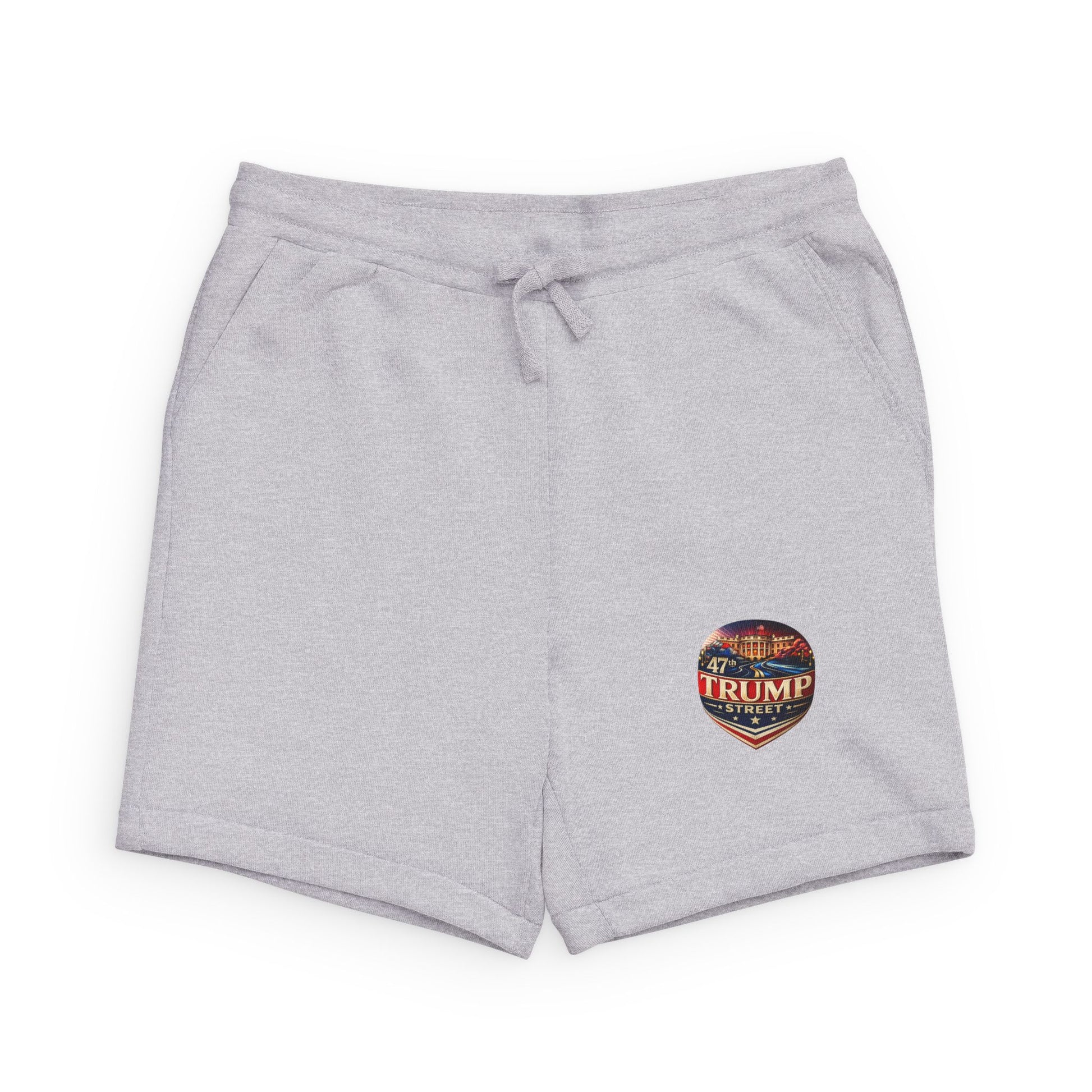 Gray shorts with 47th Trump Street Patriotic logo on a gray background