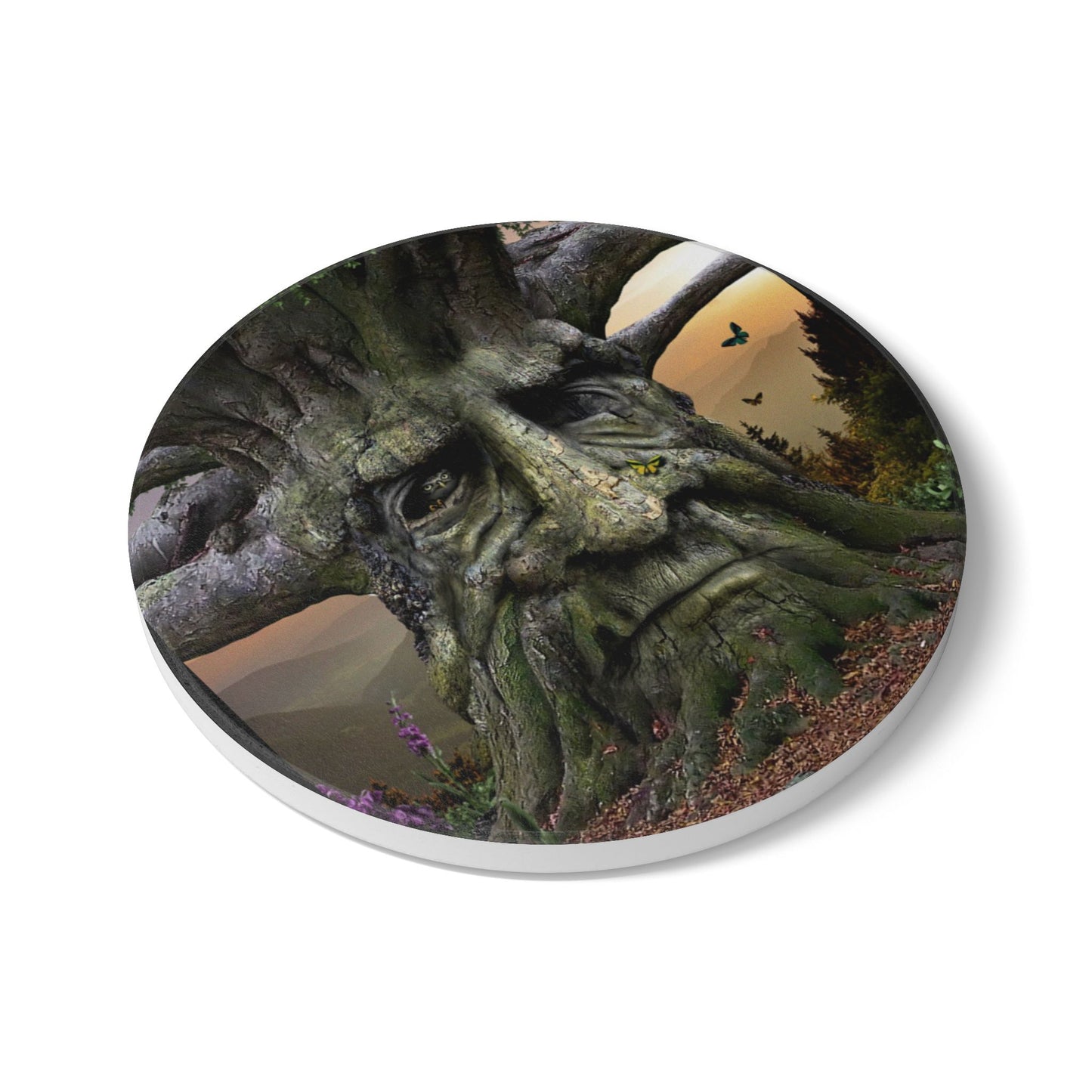Enchanted Tree Face Ceramic Coaster — Enchanted Forest Fantasy Drink Coaster