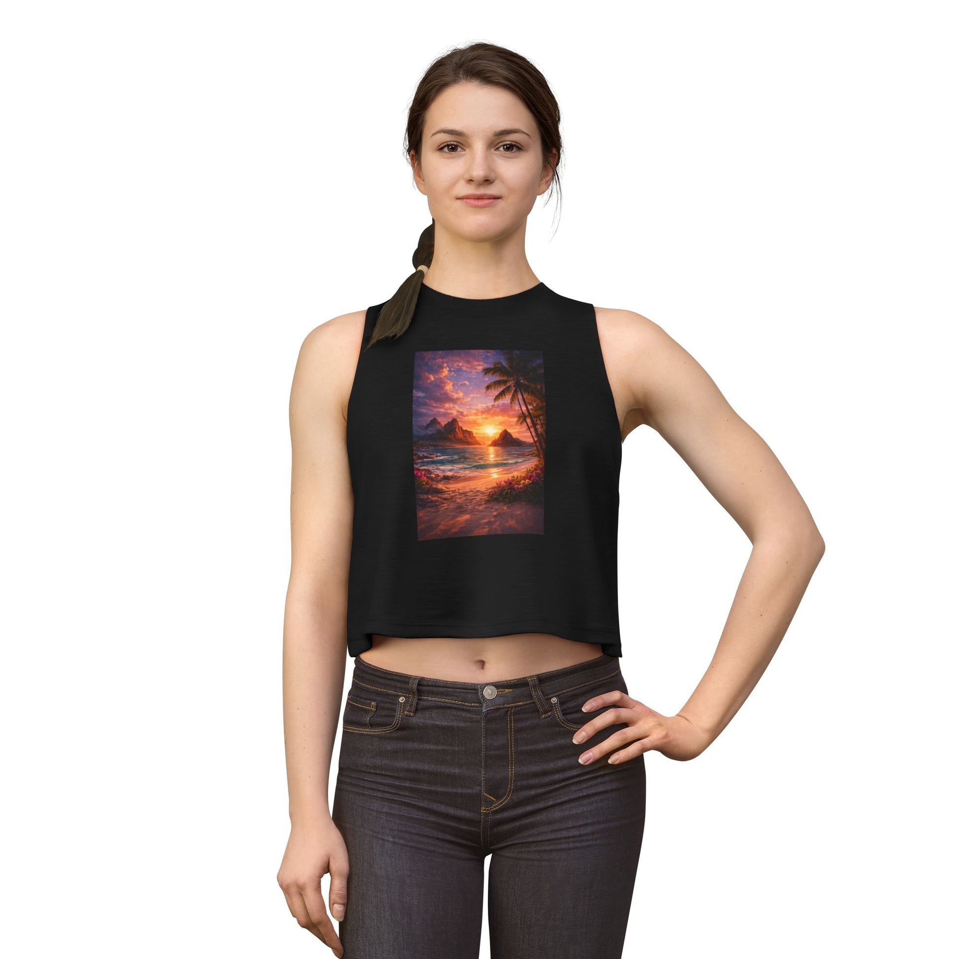 Woman wearing a black sleeveless shirt with a sunset design on a white background