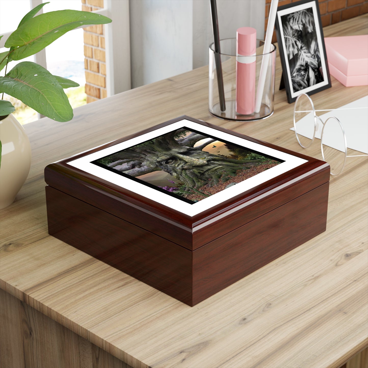 Wooden box with a digital display on a wooden surface