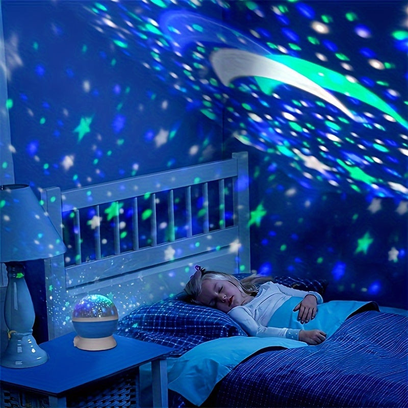 Blue rotating starry sky projection night light with colorful galaxy LED patterns
