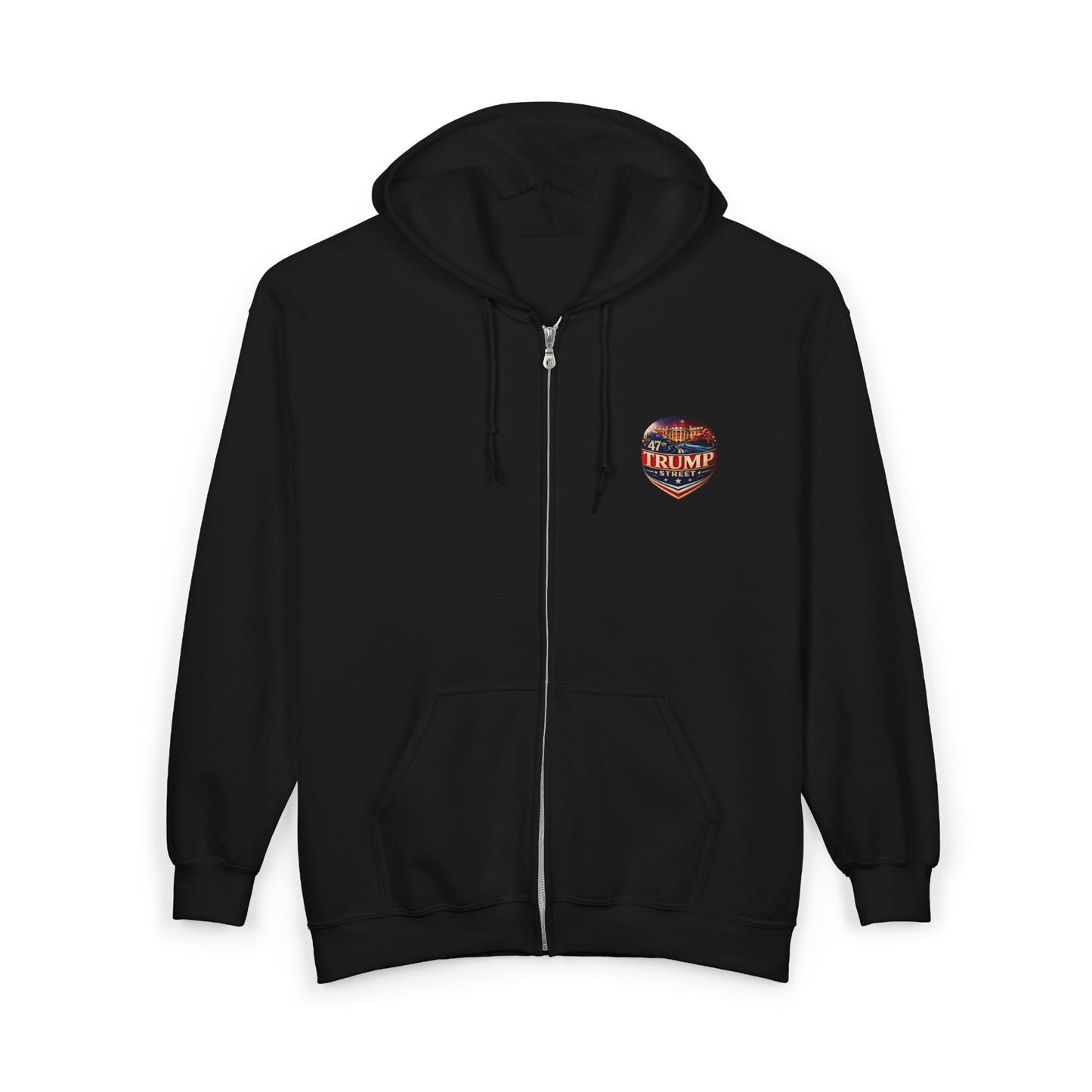 Black hoodie with a logo on the chest against a white background
