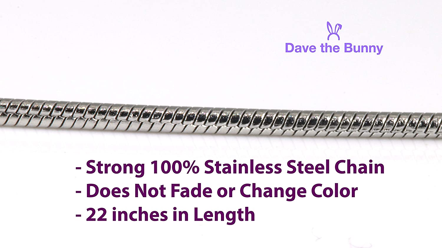 Stainless steel chain with product details on a white background