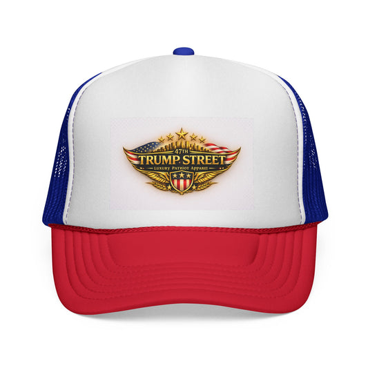 White and blue cap with red brim featuring the 47th Trump Street Patriotic Eagle logo on a white background