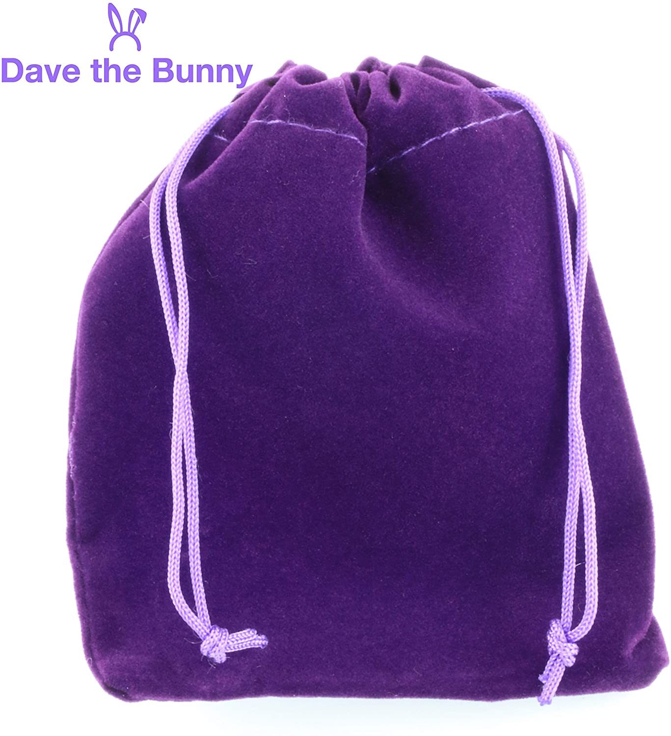 Purple velvet drawstring bag with 'Dave the Bunny' branding 