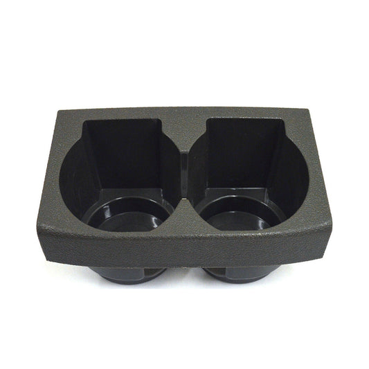Black plastic cup holder for a vehicle on a white background