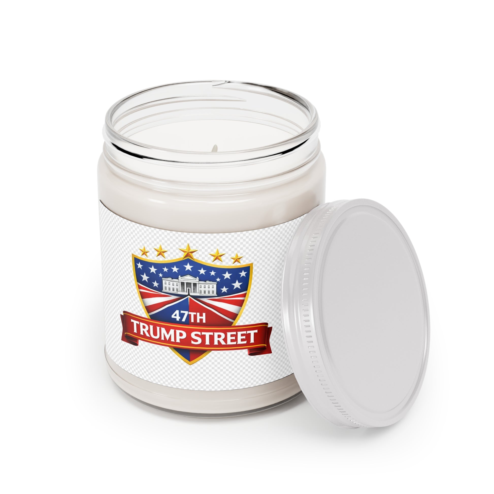 Candle jar with '47th Trump Street' label on a white background