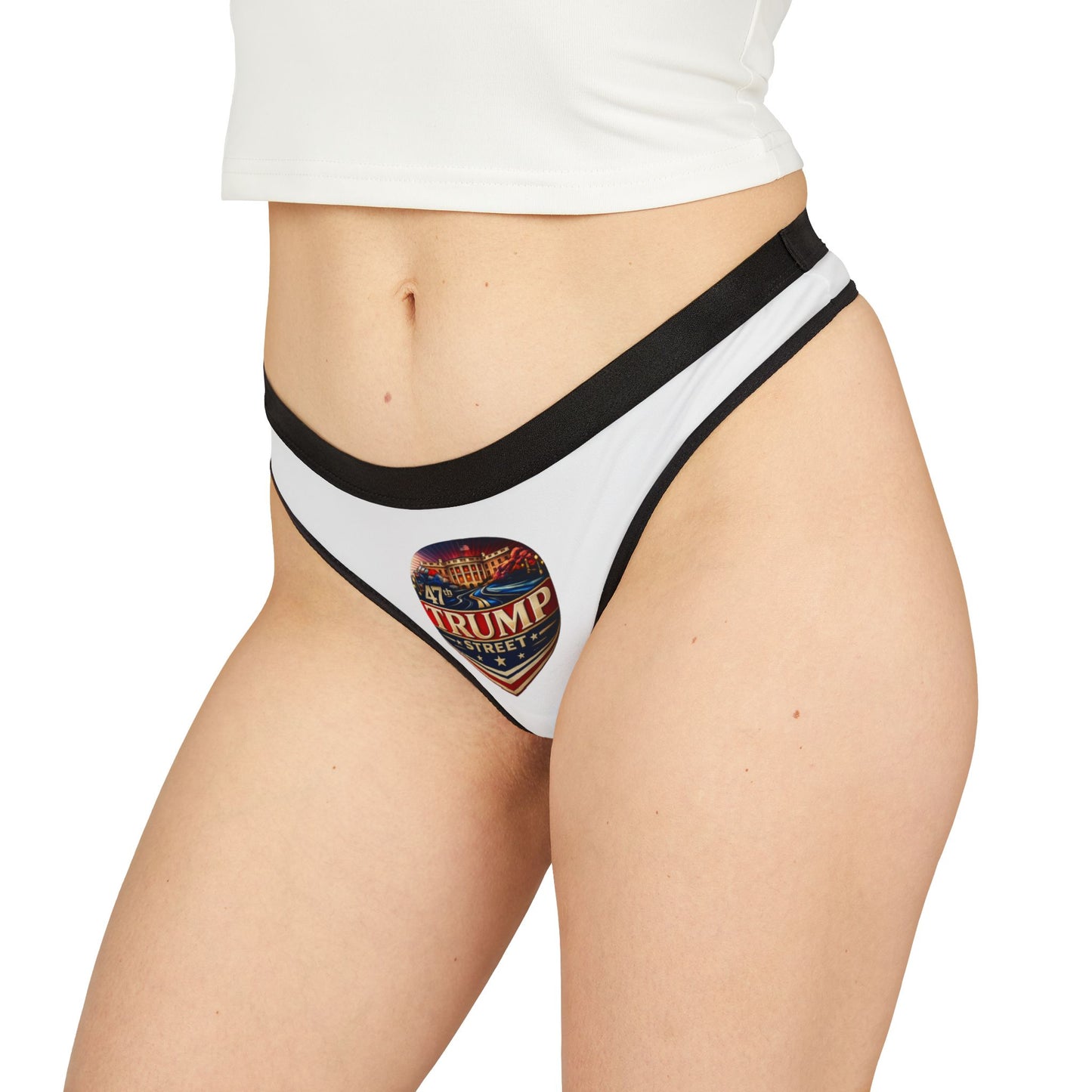 47th Trump Street White House Patriotic Round Logo Printed on Women's Thong white underwear White thong 