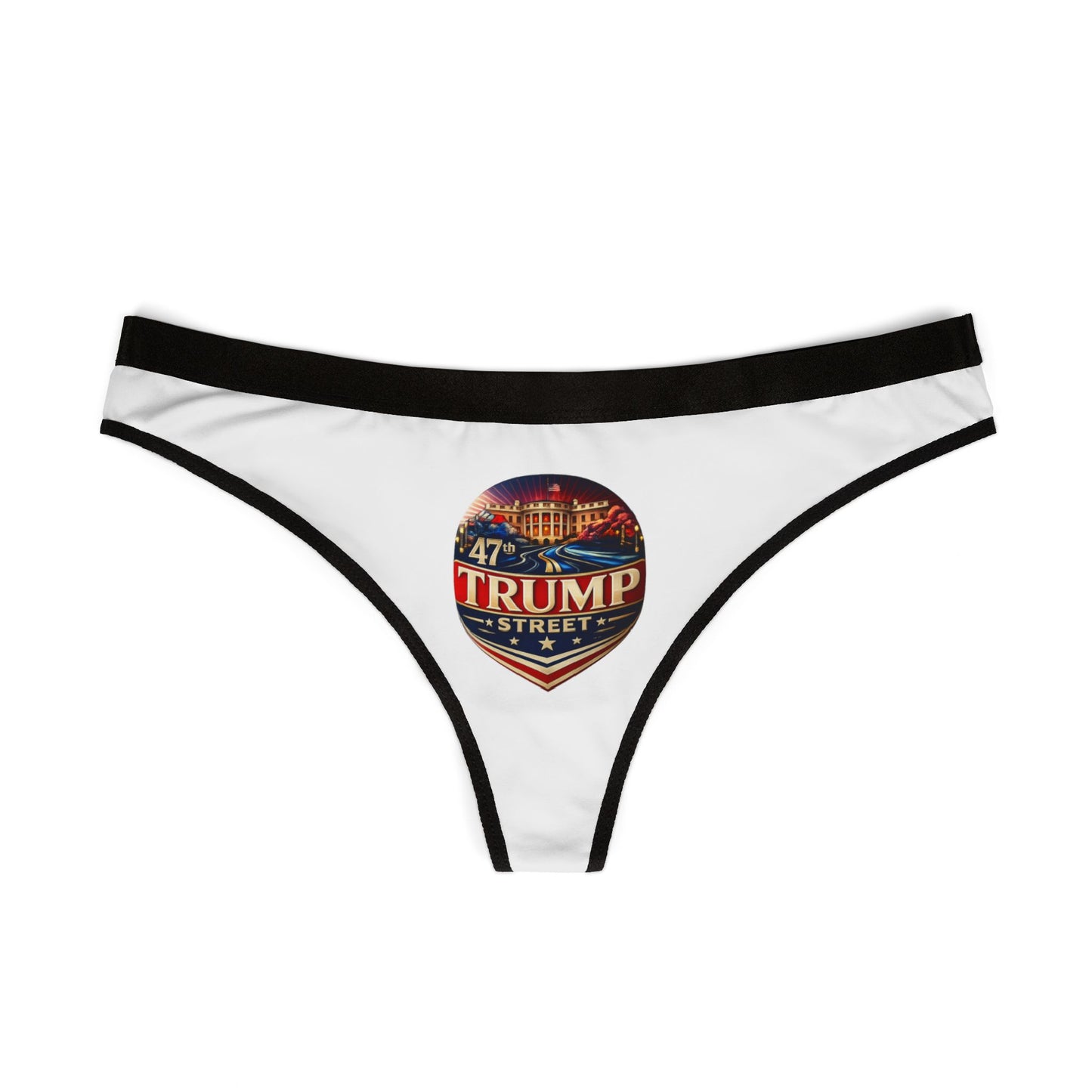 47th Trump Street White House Patriotic Round Logo Printed on Women's Thong white underwear
