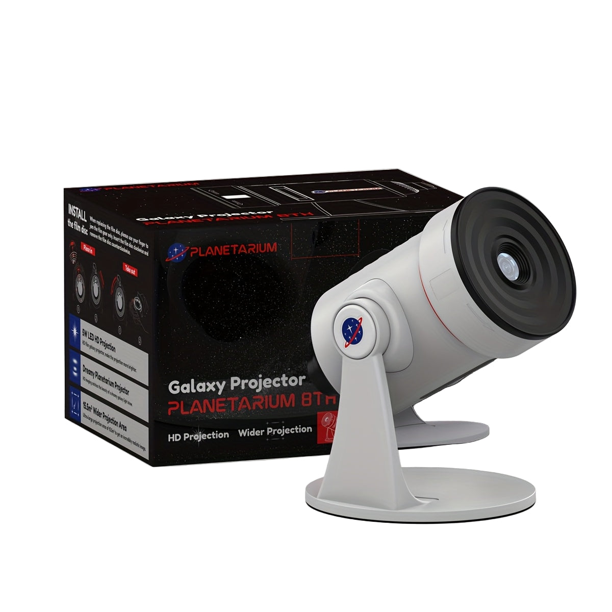 White rotating planetarium projector galaxy light with retail box and colorful cosmic room projections
