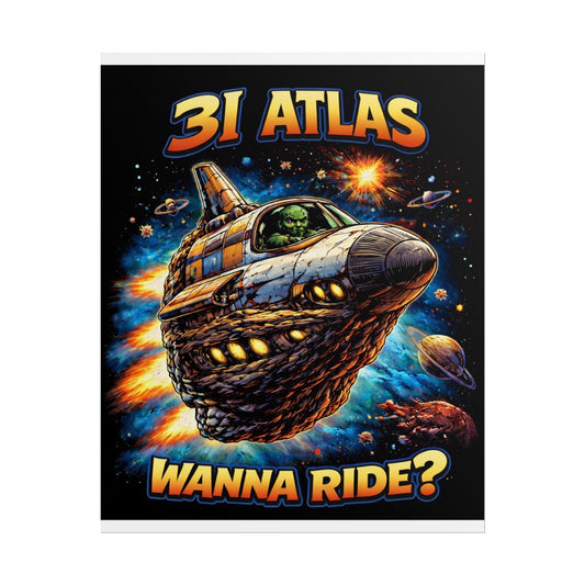 Space-themed poster with a spaceship and '31 Atlas' text, featuring a character in space.