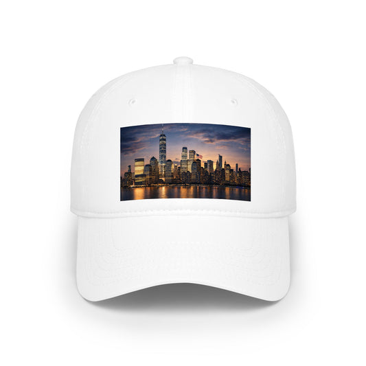 White cap with a cityscape print on a white background
