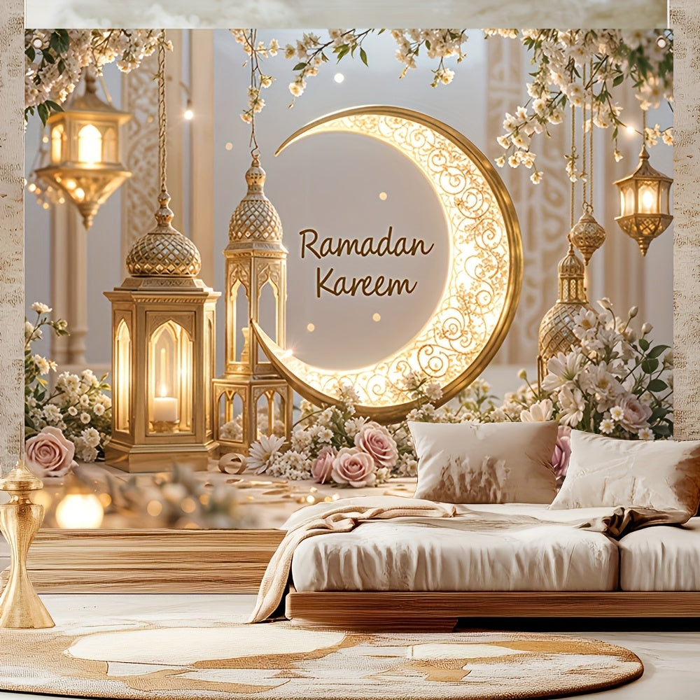 Crescent moon wall tapestry with lantern design, elegant celestial decor for bedroom or living space