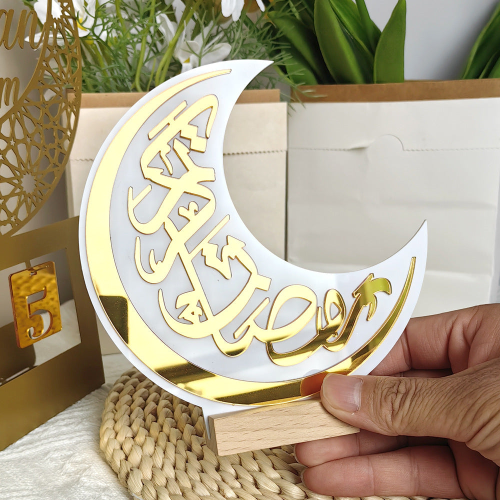 crescent moon table decor acrylic celestial moon ornament with wooden base

