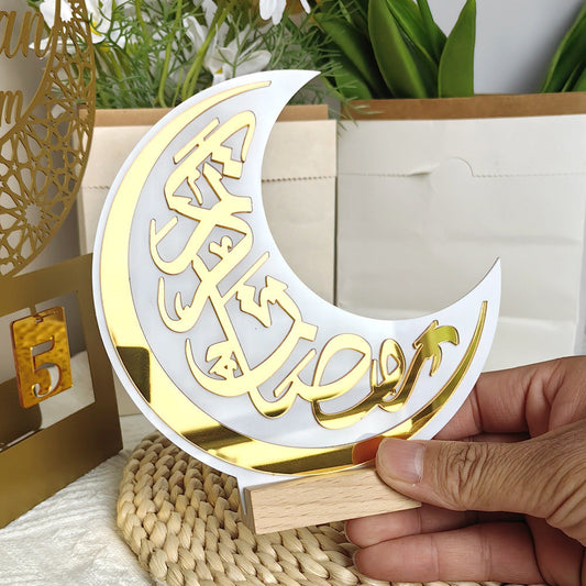 crescent moon table decor acrylic celestial moon ornament with wooden base

