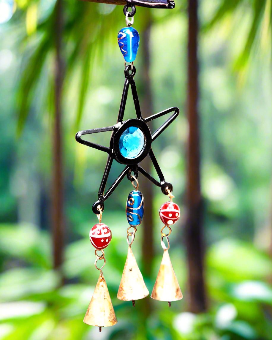 Celestial sun and moon chime with colorful glass beads and metal hanging design