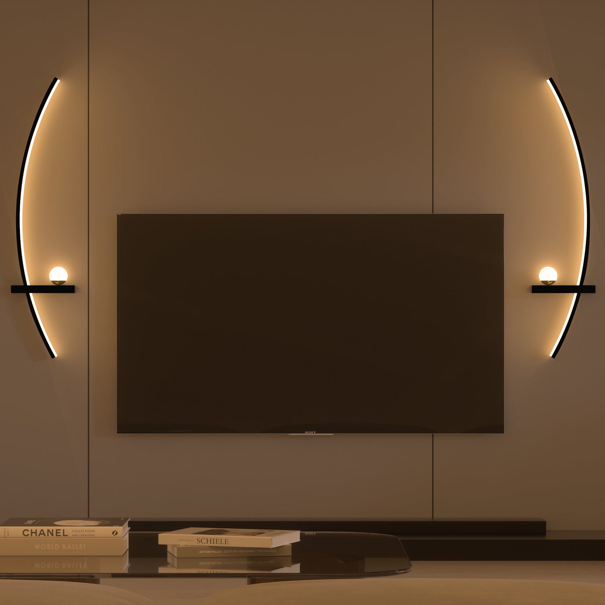 Modern orb arc wall lamps mounted on both sides of a television for balanced ambient lighting
