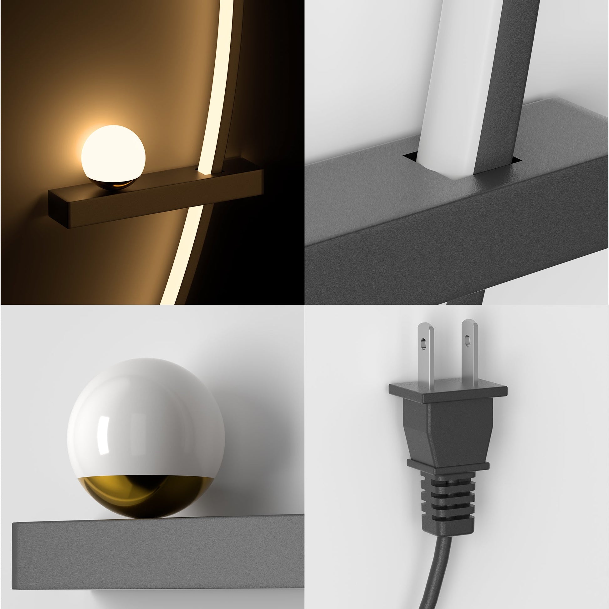 Close-up of the curved acrylic light and black base on the modern orb arc wall lamp