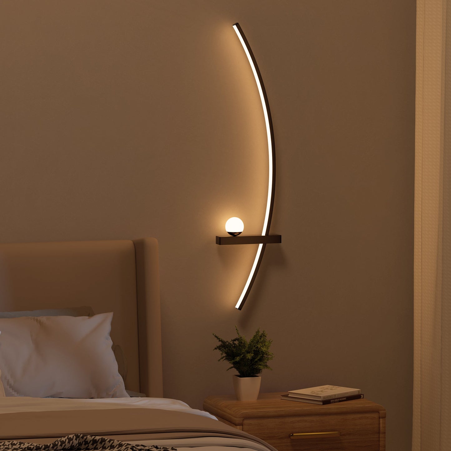Modern orb arc wall lamp glowing beside a bed in a warm contemporary bedroom