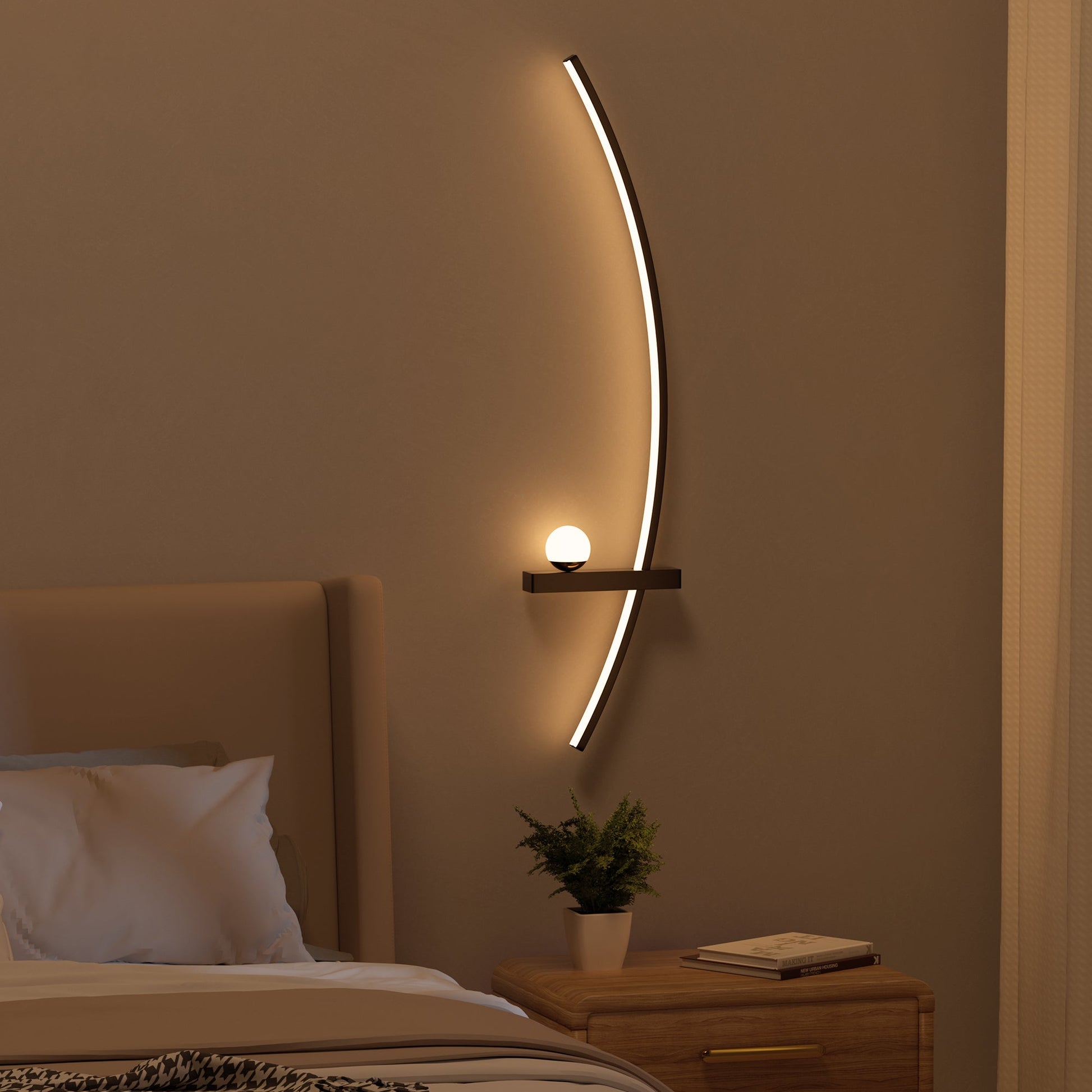 Modern orb arc wall lamp glowing beside a bed in a warm contemporary bedroom