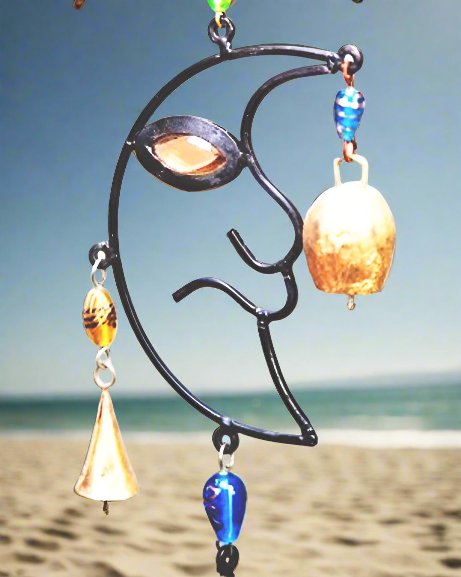 Celestial sun and moon chime with colorful glass beads and metal hanging design
