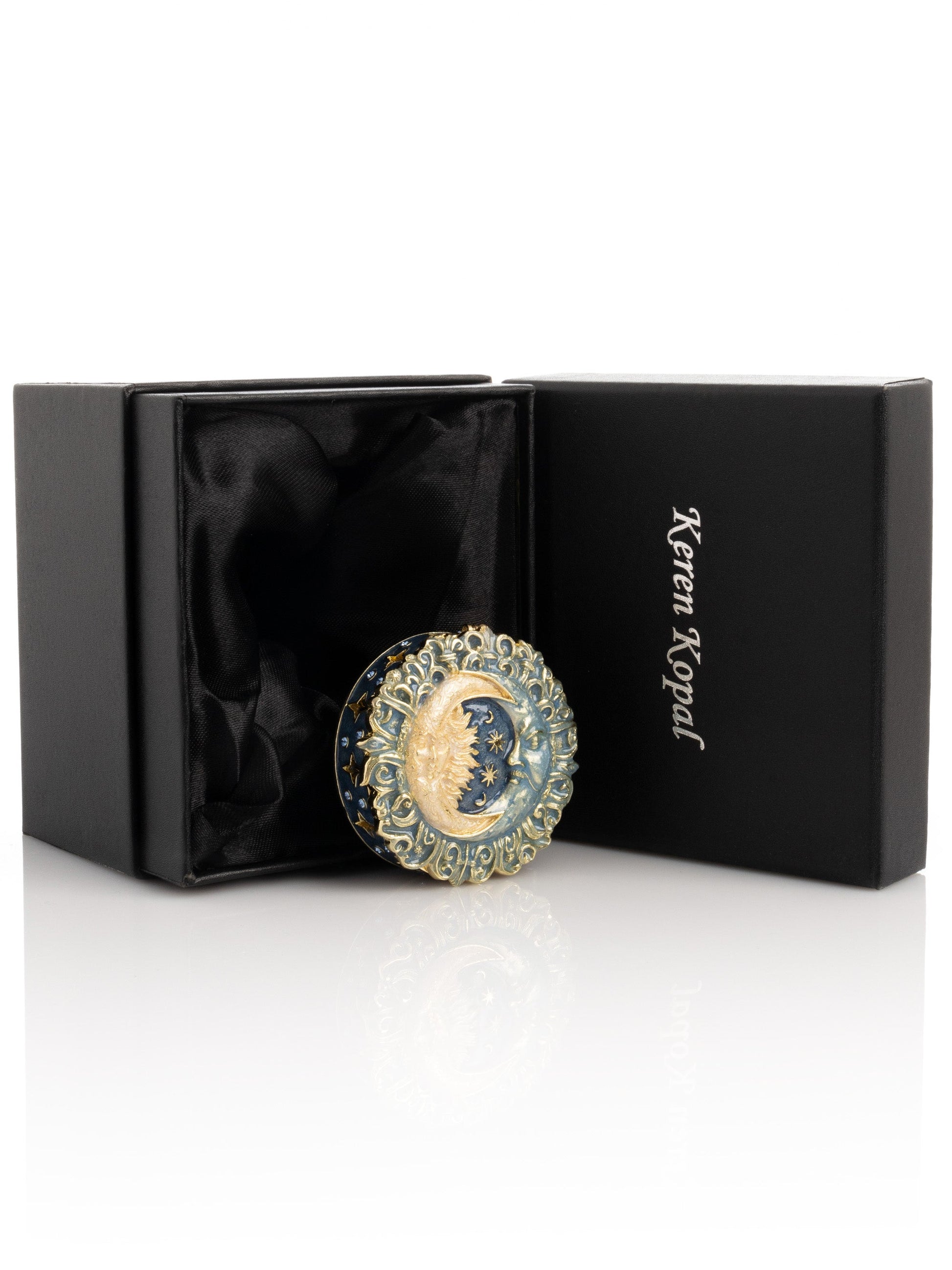 Blue enamel sun and moon trinket box with Austrian crystals