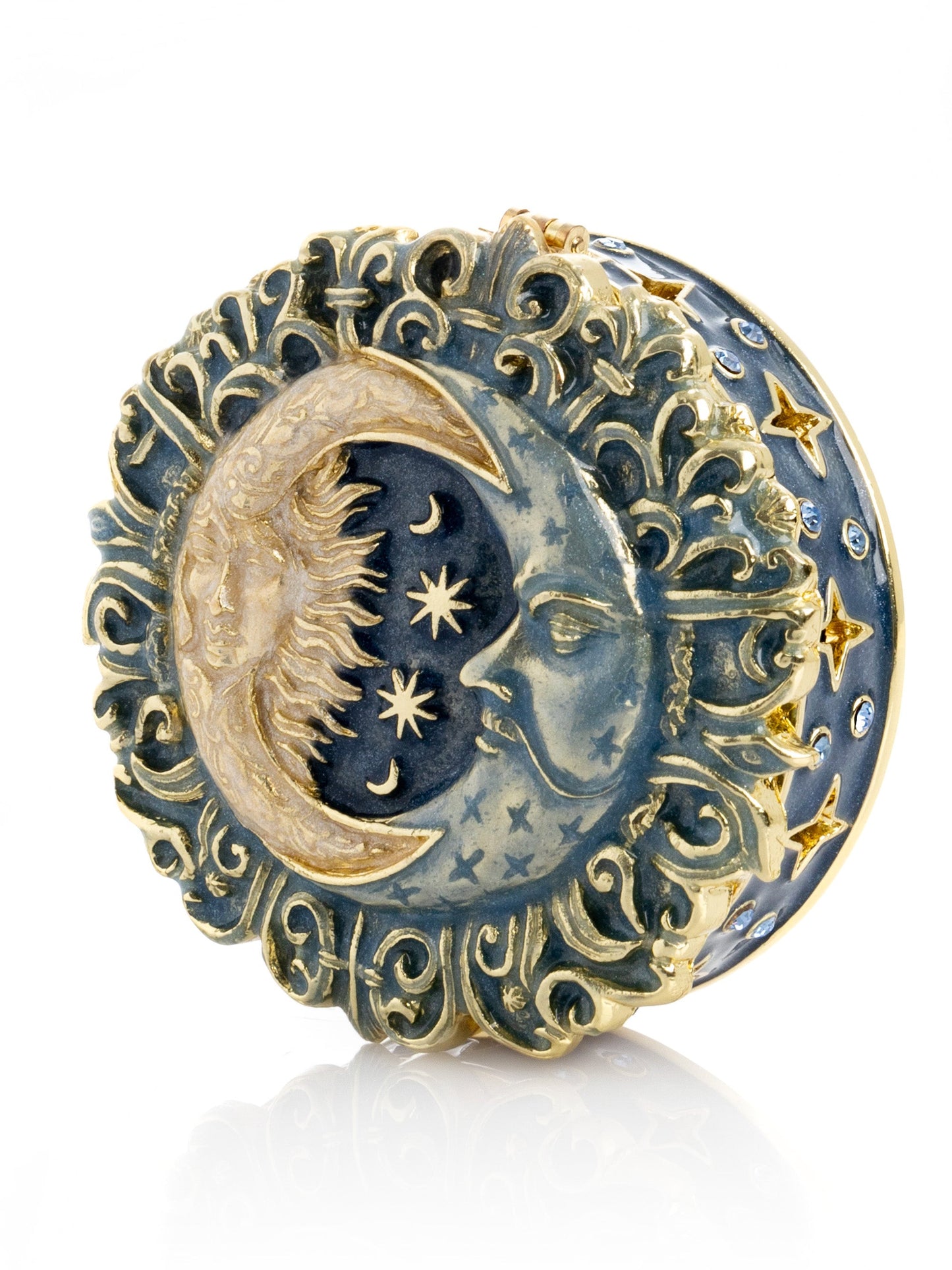 Celestial sun and moon trinket box with pearls and gold enamel celestial jewelry box