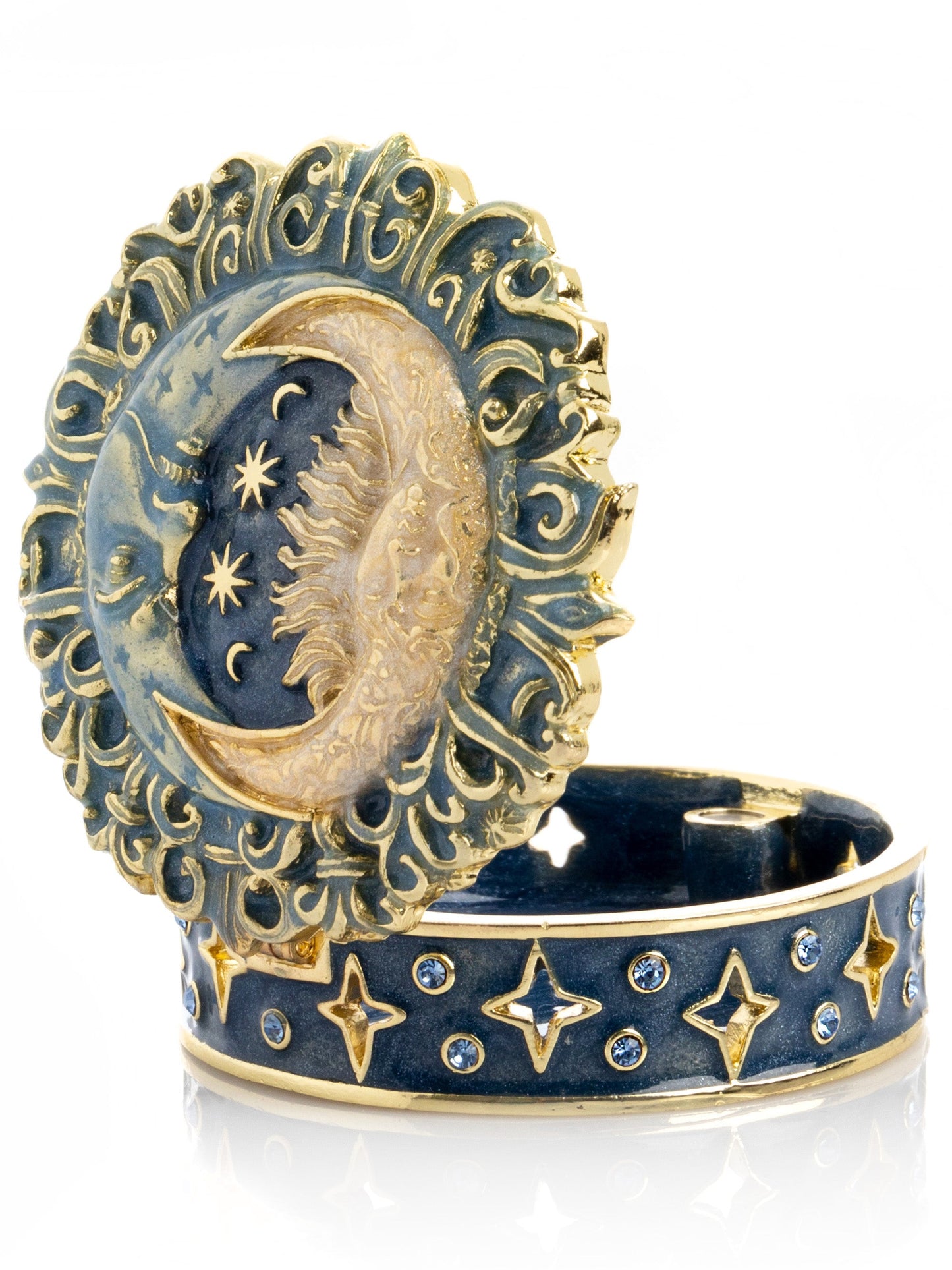 Celestial sun and moon trinket box with pearls and gold enamel celestial jewelry box