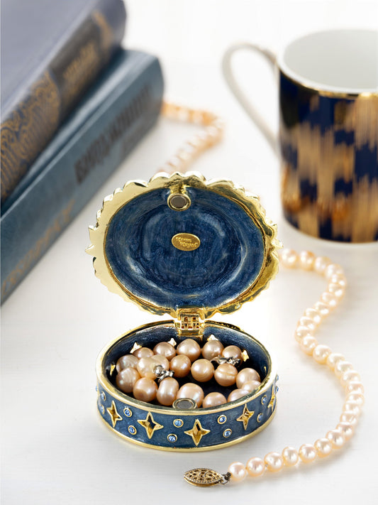 Celestial sun and moon trinket box with pearls and gold enamel celestial jewelry box
